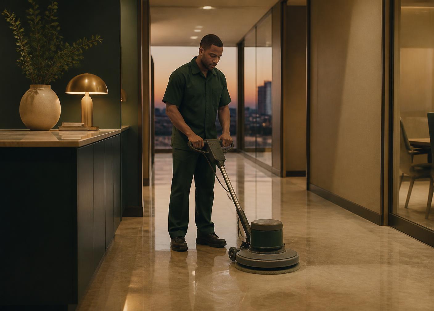 Veya technician performing floor care in a commercial corridor