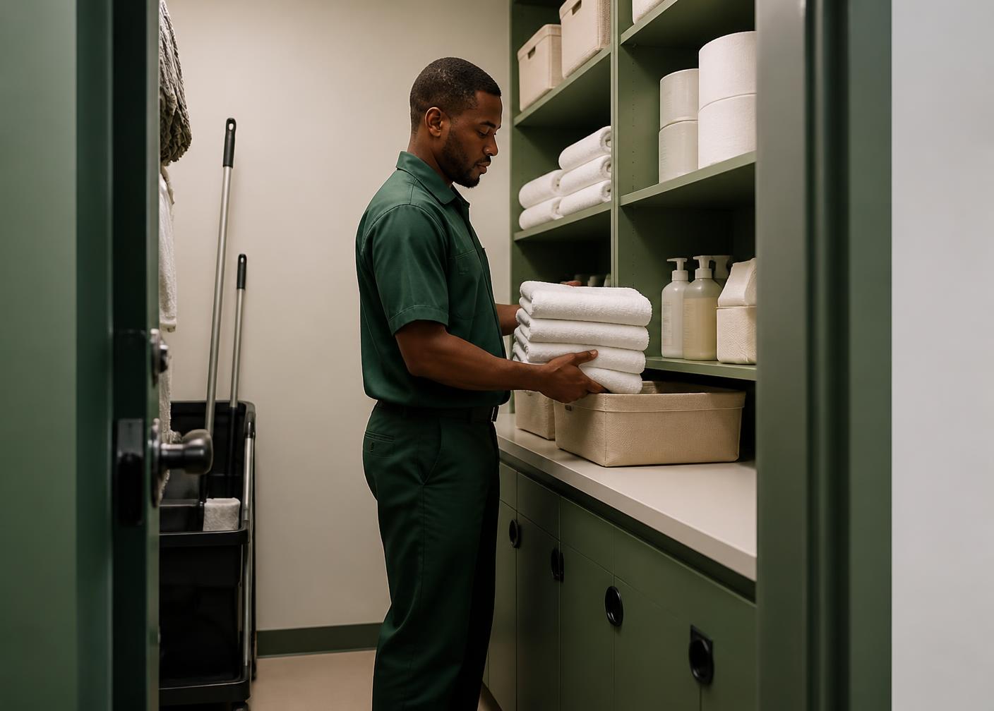 Veya day porter restocking supplies in a facility utility room