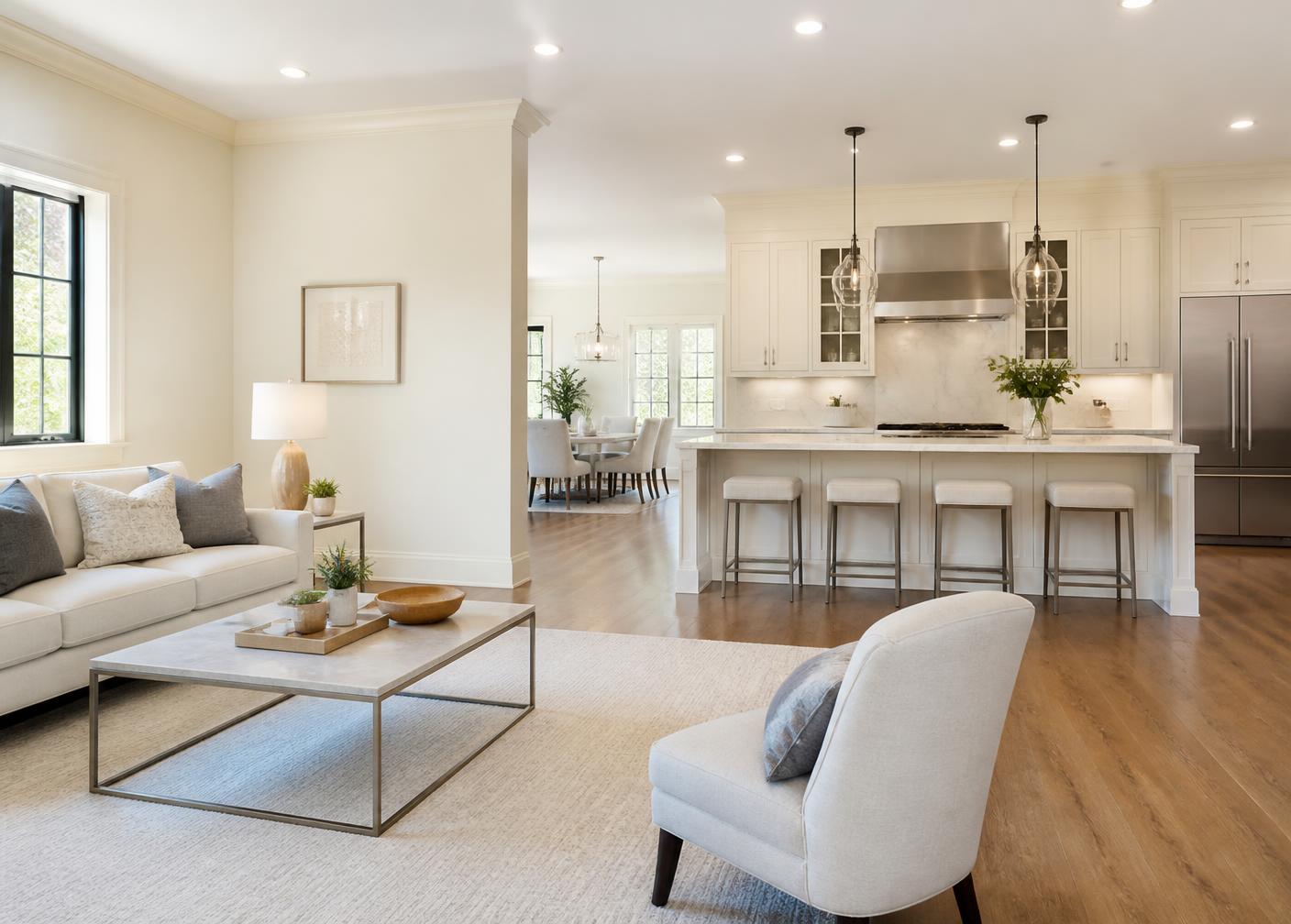 Bright, freshly cleaned living room and kitchen